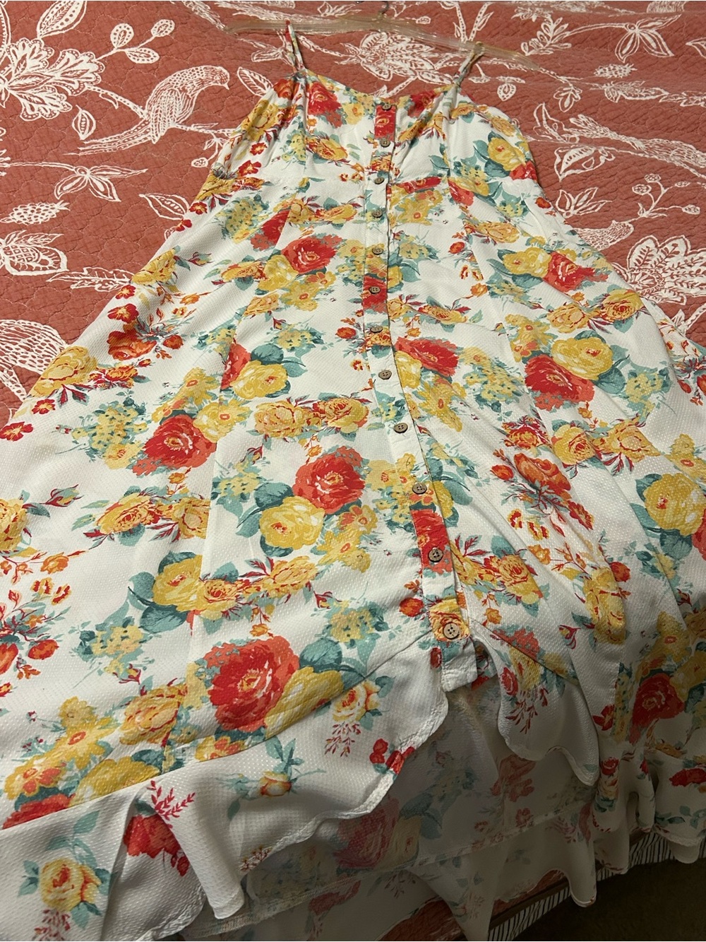 White Floral Spaghetti-Strap Maxi Dress with Red & Yellow Blooms - Picture 5 of 9
